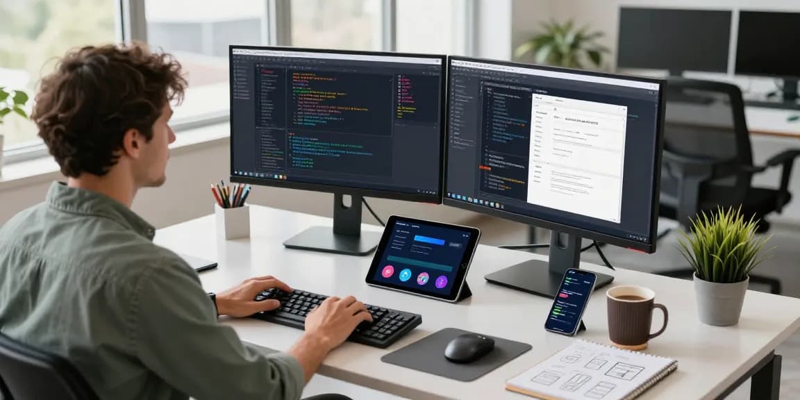 Dynamic workspace scene highlighting Telegram Download on multiple devices in a tech environment.