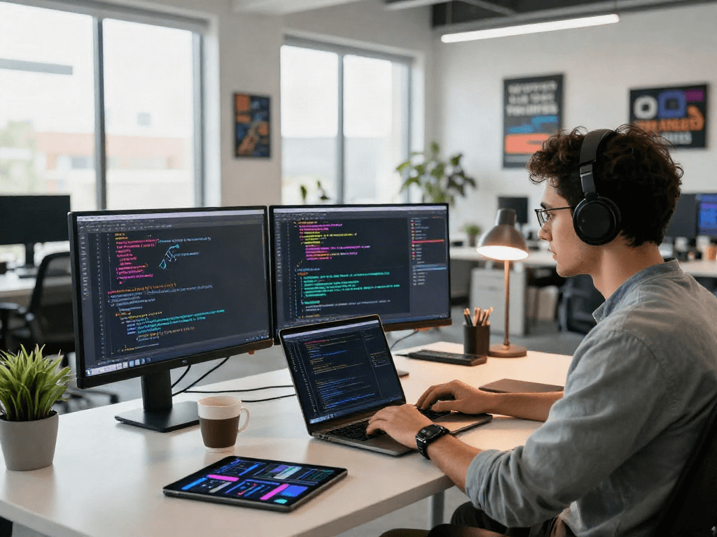 Developer coding in a bright tech workspace, showcasing crushonai software tools and technology.