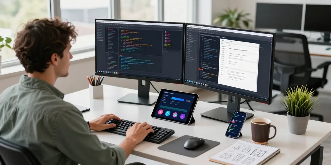 Dynamic workspace scene highlighting Telegram Download on multiple devices in a tech environment.