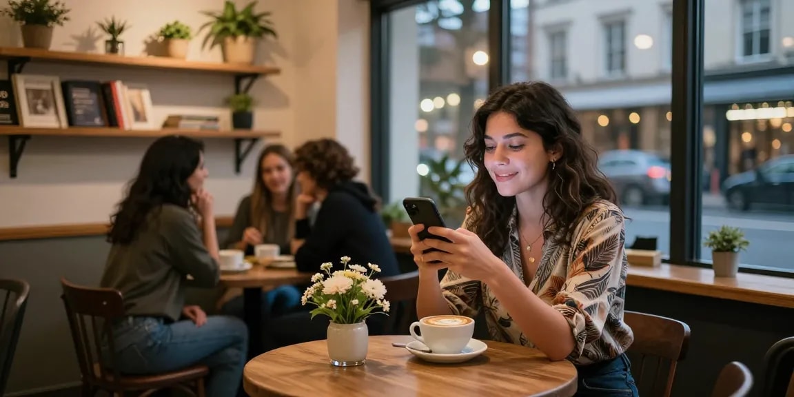 Youthful woman enjoying coffee, illustrating "crush on" moments with ambiance and connection.