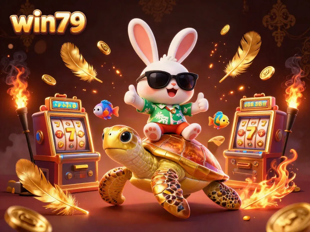 Win79 lucky rabbit and golden turtle celebrate slots wins with colorful gaming elements.