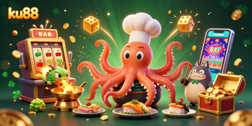 ku88 players celebrate a jackpot with fun characters and vibrant casino elements in a dynamic scene