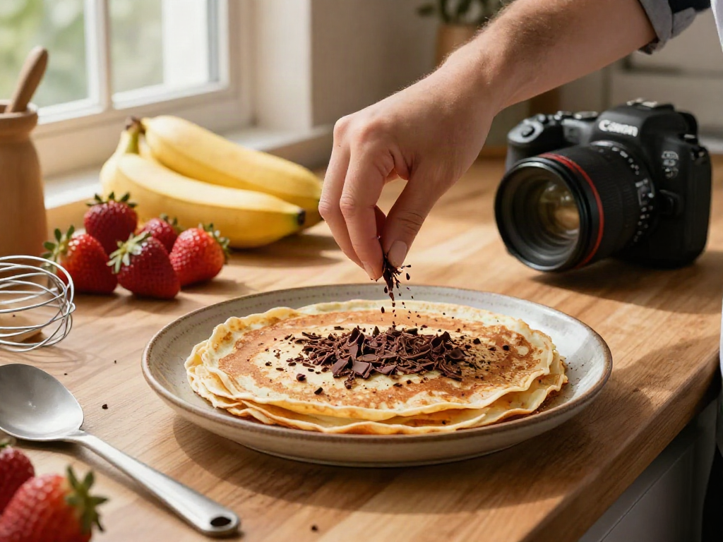 Delicious crepes prepared at rokok88 with dark chocolate toppings in a vibrant kitchen.