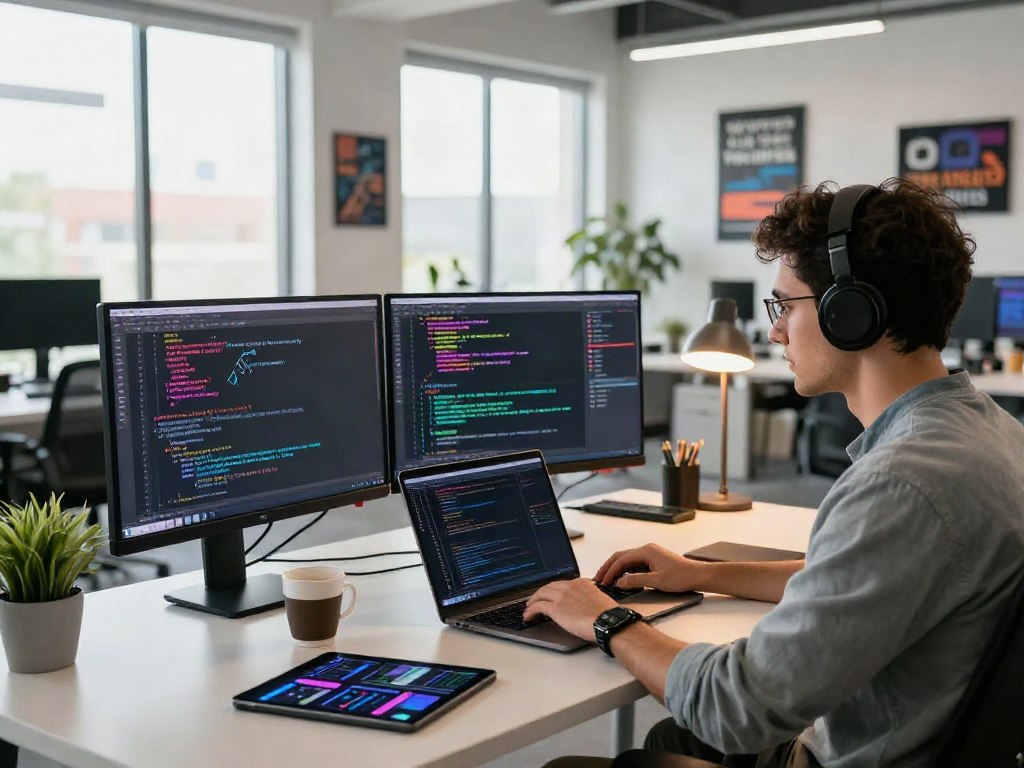 Developer coding in a bright tech workspace, showcasing crushonai software tools and technology.