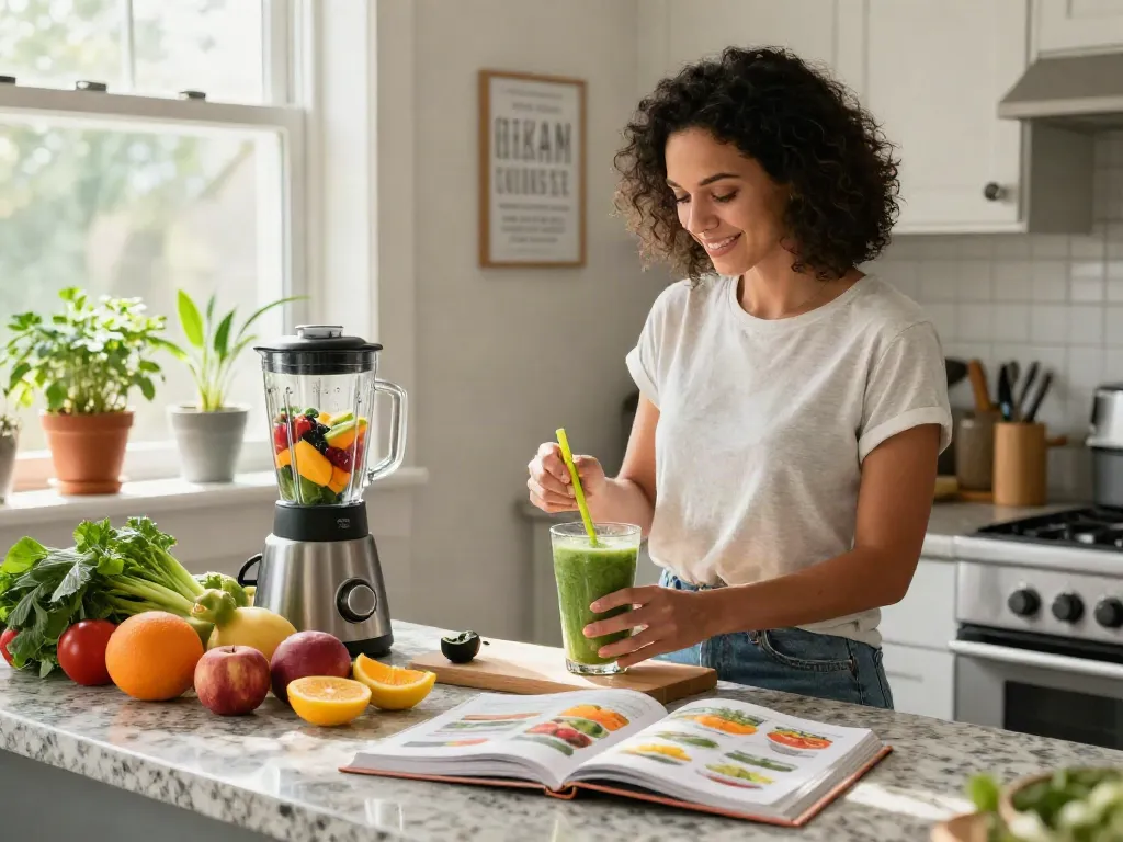 Preparing a smoothie in a bright kitchen illustrating healthy living, login rokok88 benefits