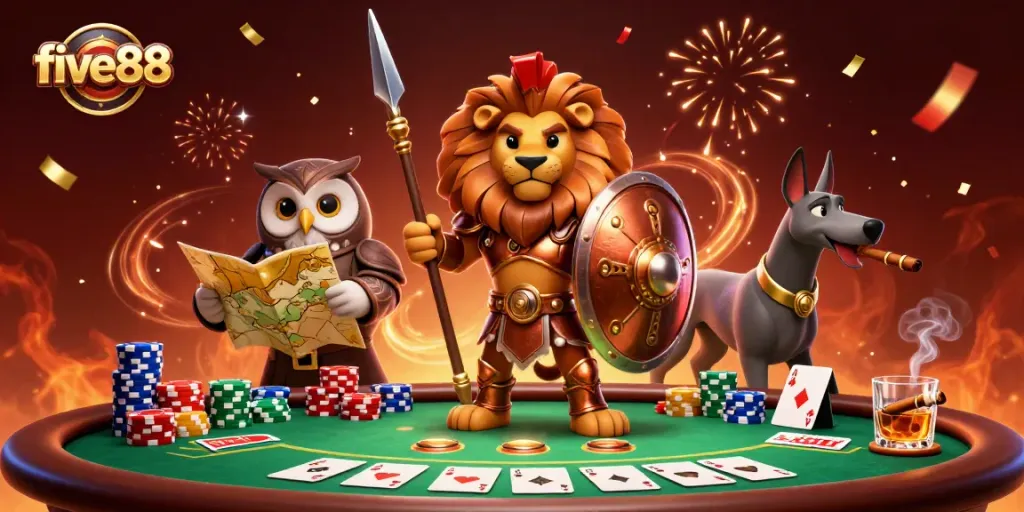 Engage in thrilling gameplay at five88 with the Spartan lion in a vibrant poker scene.
