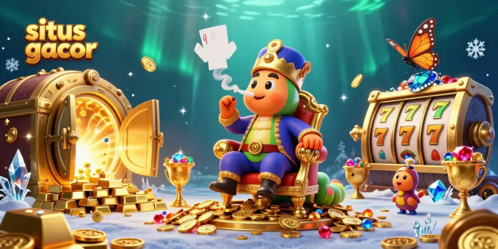 Engage with situs gacor in a vibrant slots-themed 3D cartoon scene showcasing jackpot dreams.