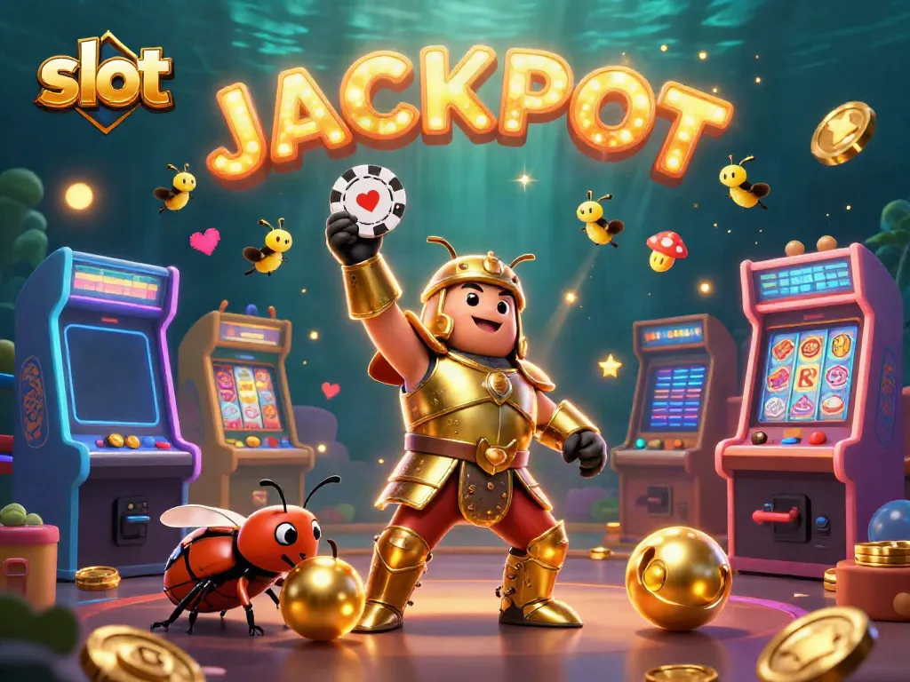 Engage in slot gaming action with a highlighted jackpot as the hercules beetle triumphantly lifts a poker chip.