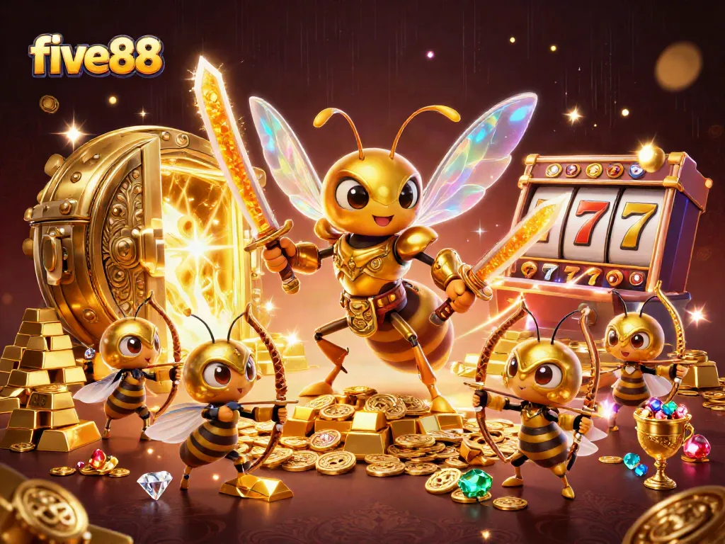 Win big at five88 casino with 3D samurai hornet heroes protecting treasures and slot reels.