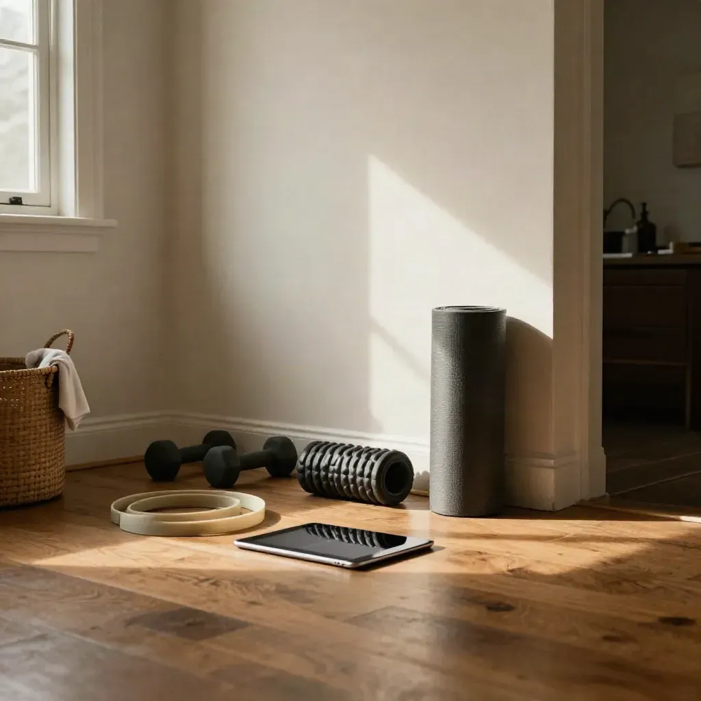 Home workout corner with bands, dumbbells, mat, foam roller and a face-down tablet.