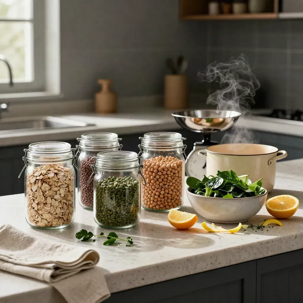 Jars of oats and lentils beside greens, citrus and herbs on a travertine kitchen counter with steam.