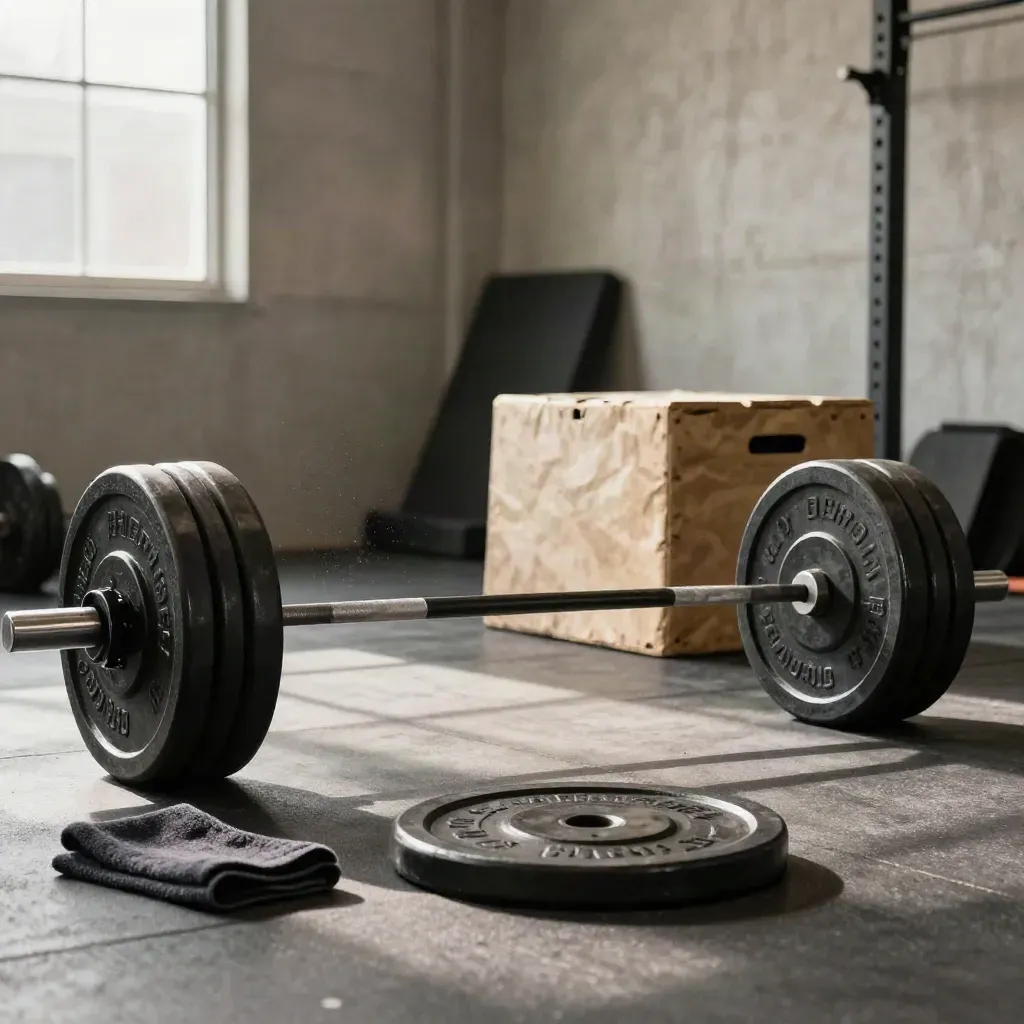 Loaded barbell, stacked plates, plyo box and towel in a chalky gym bay with hard window light.