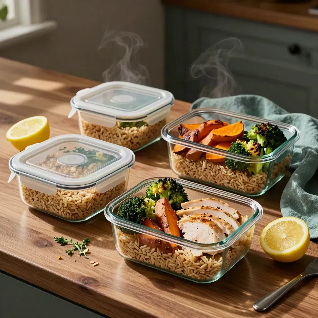 Open meal-prep containers with rice, roasted vegetables, chicken, lemon, herbs, and steam on walnut wood.