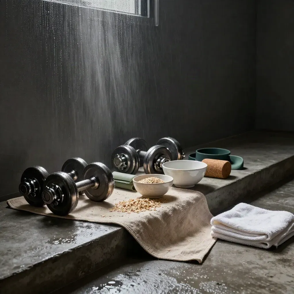 Wellness gear in a moody rain-soaked home studio with misty morning light.