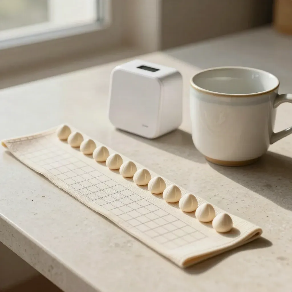Overhead habit tracking still life with tokens, timer, cup, and mat strap.