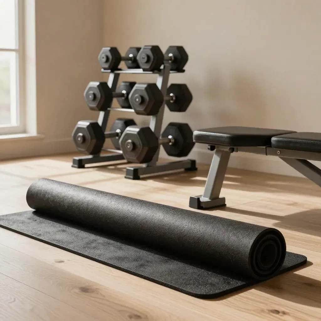 Compact home gym with dumbbells, unrolled mat, and bench in warm light