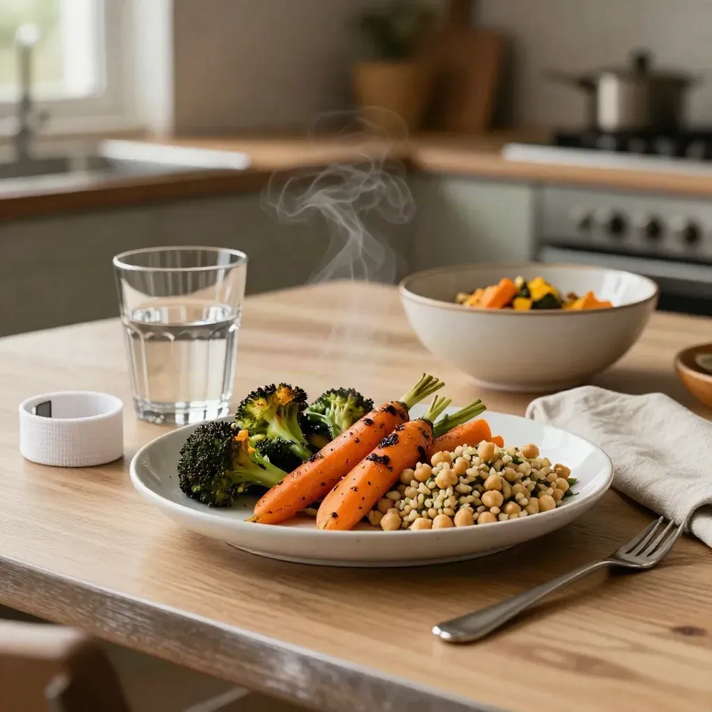 Roasted vegetables, grains, water, and a folded training band on a warm oak table