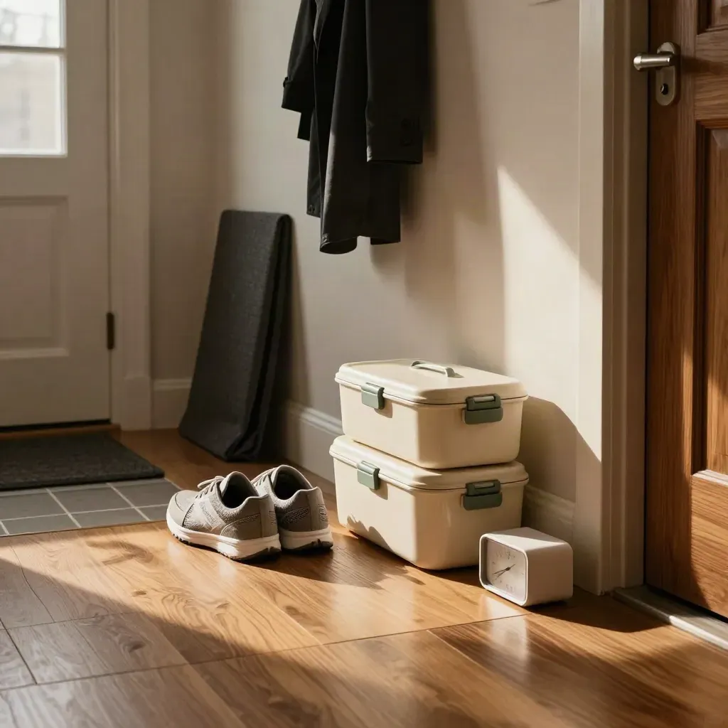 Entryway routine station with shoes, lunch boxes, folded mat, and a timer in warm light.