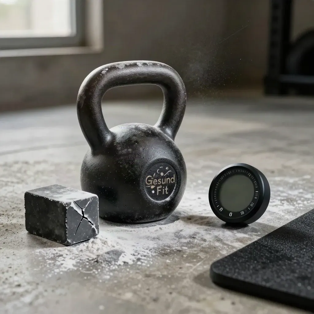 Kettlebell, chalk block, interval timer, and gym mat corner on gritty concrete.