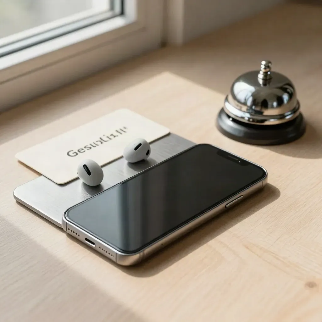 Face-down phone, earbuds and bell on pale wood after a call, softly lit from the side.
