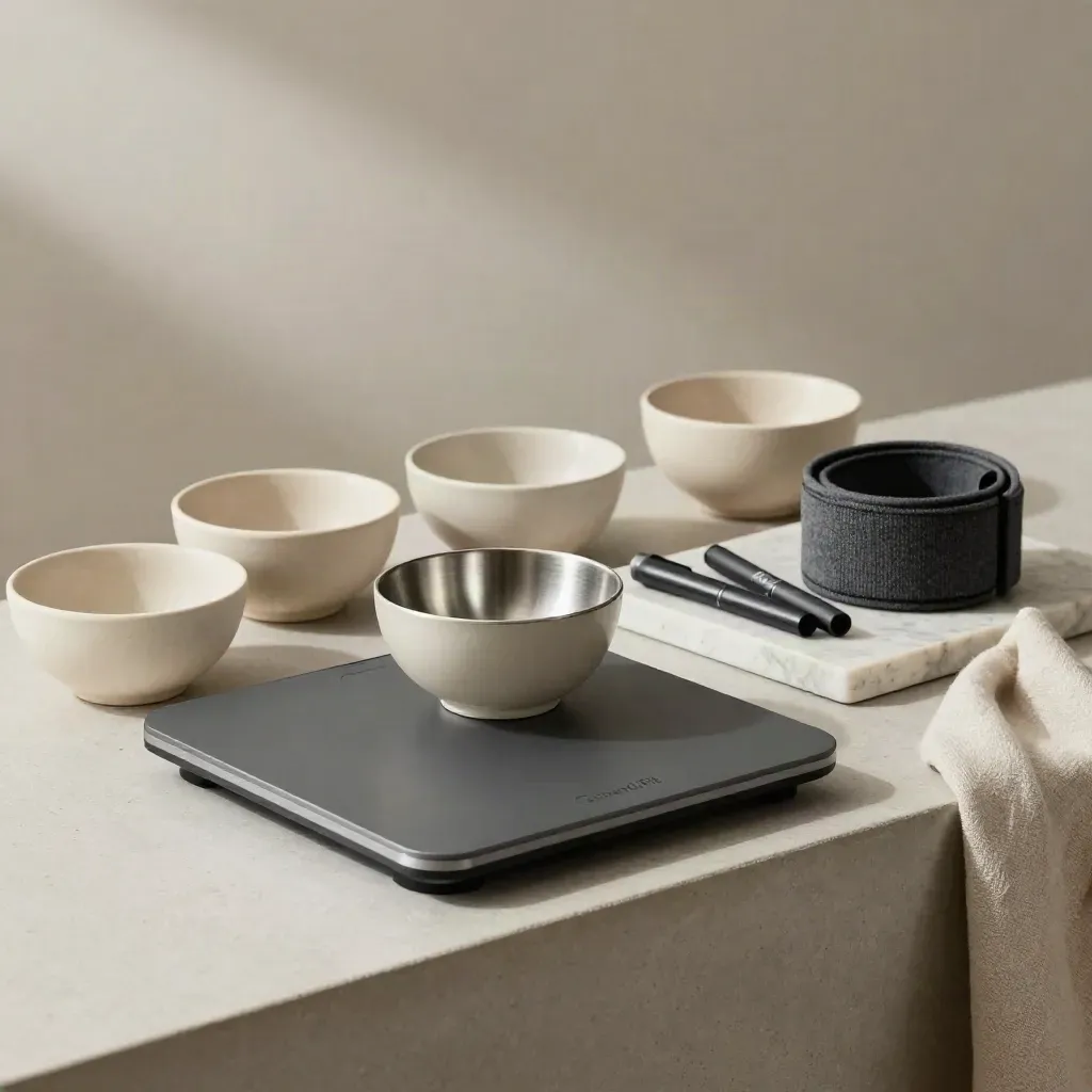 Analog scale, bowls, markers and a recovery band arranged on a stone console in soft window light.