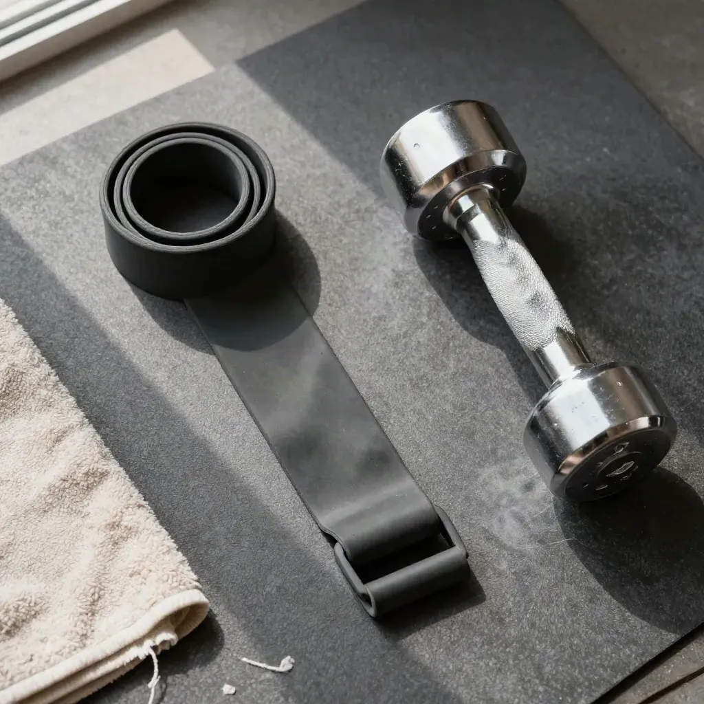 Coiled resistance band, dumbbell handle, towel edge and chalked mat on concrete.