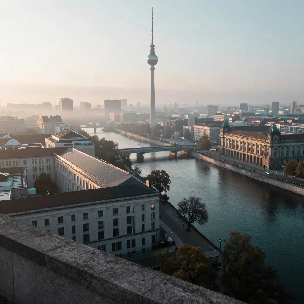 Berlin at dawn with the TV Tower above the Spree, rooftops and river mist in soft first light.