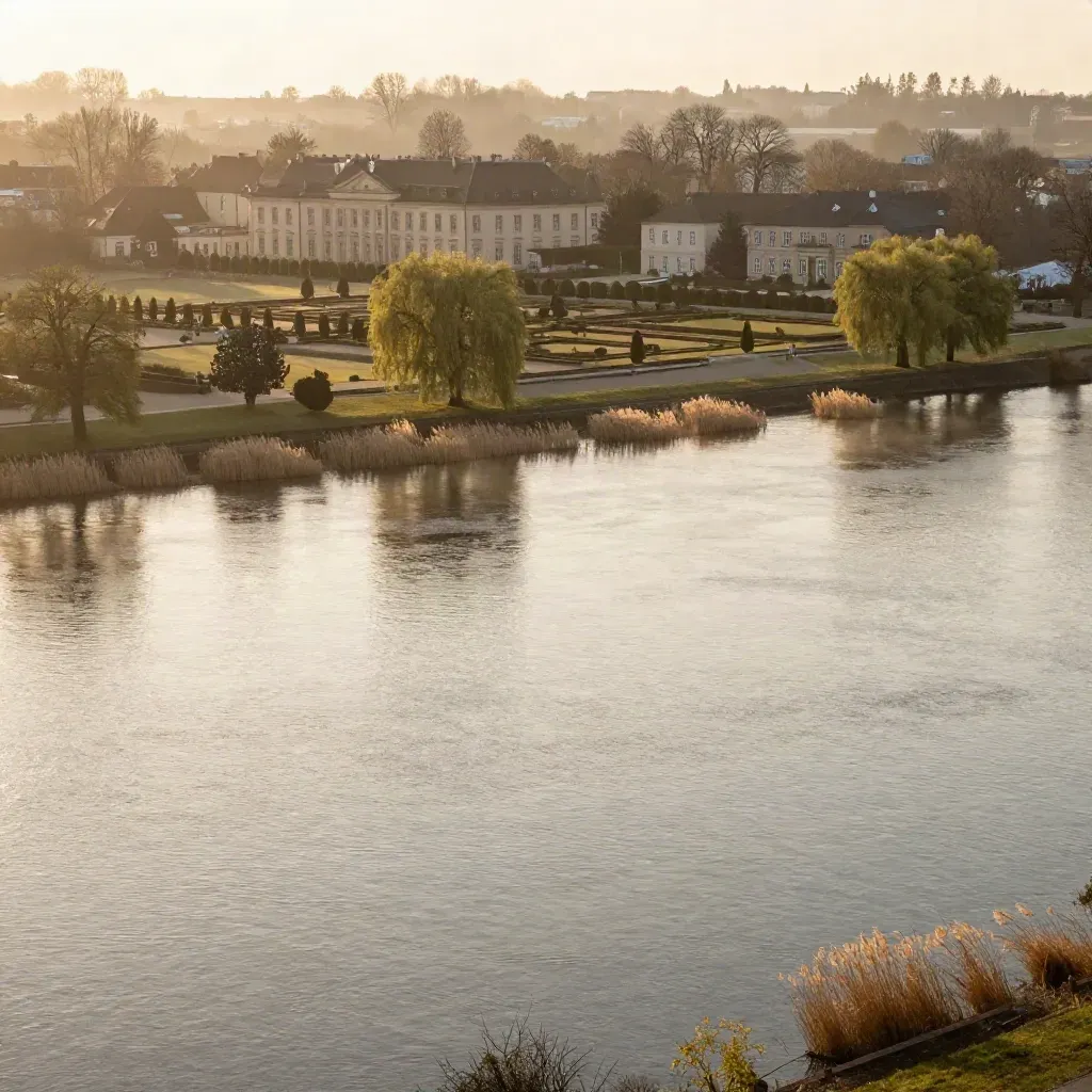 Golden-hour Brandenburg river country with palace roofs and gardens above calm water.