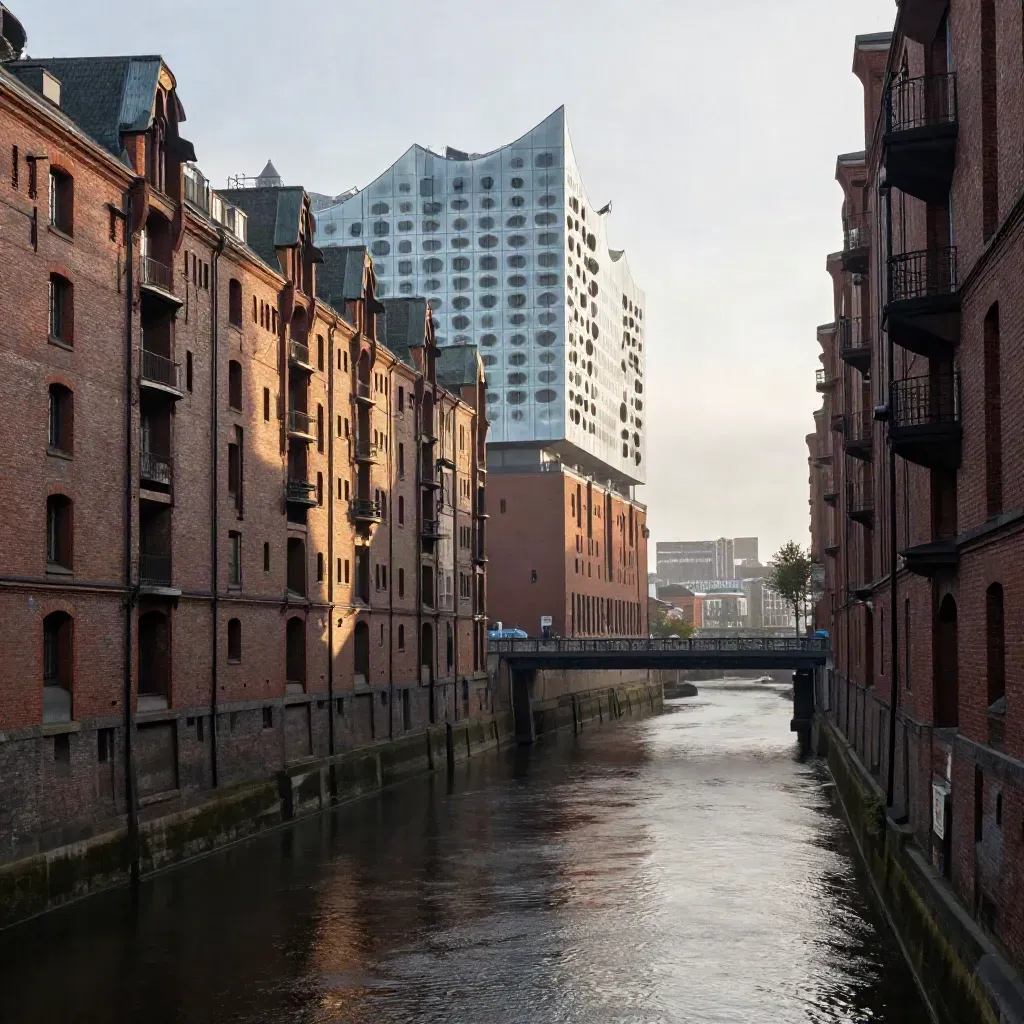 Hamburg canals, brick warehouses, bridges, and the Elbphilharmonie in soft mist at sunset.