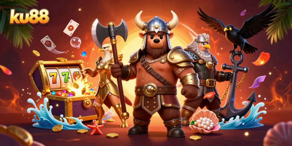 Engage with ku88 casino games featuring a Viking bear and Valkyrie eagle in a vibrant 3D illustration.