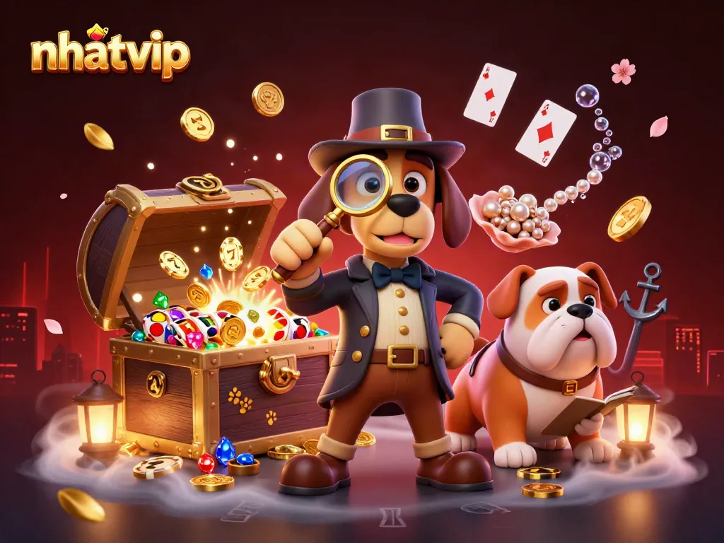 nhatvip game detective scene with vintage charm, revealing hidden treasures and vibrant casino elements