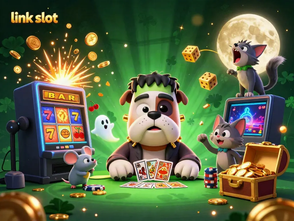 Experience thrilling jackpots with link slot games illustrated by a playful cartoon scene.