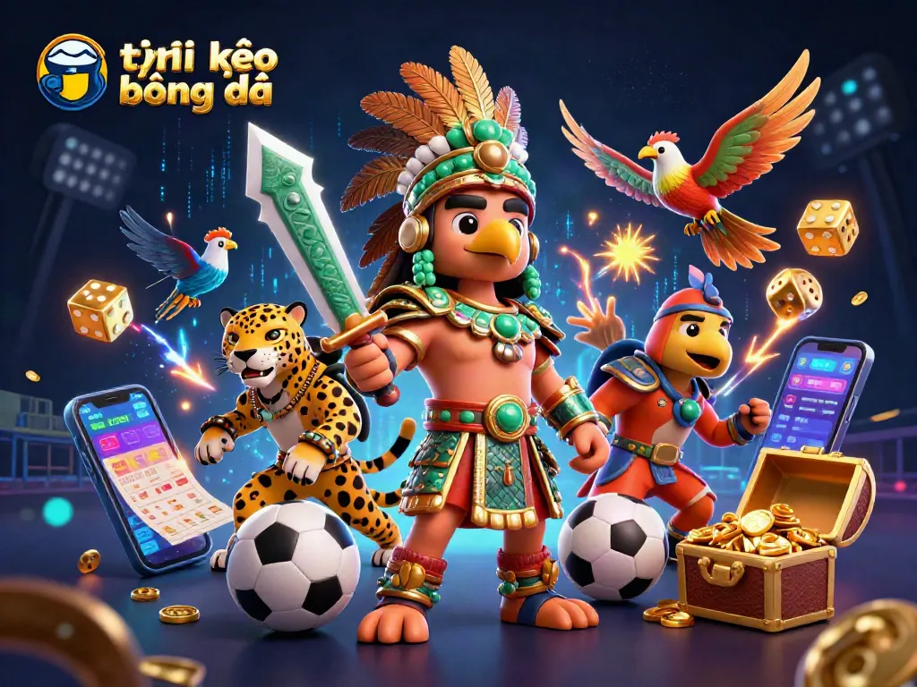 Bet on tỷ lệ kèo bóng đá with dynamic warriors and immersive casino elements in a vibrant 3D illustration.