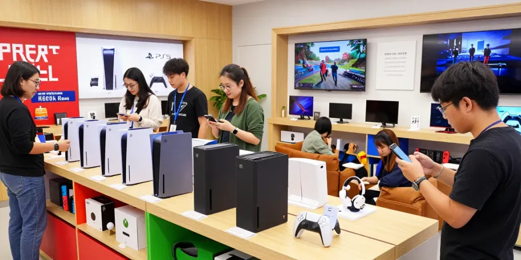 rokok88 gaming store with PlayStation, Xbox, and Nintendo consoles displaying vibrant gaming accessories for customers