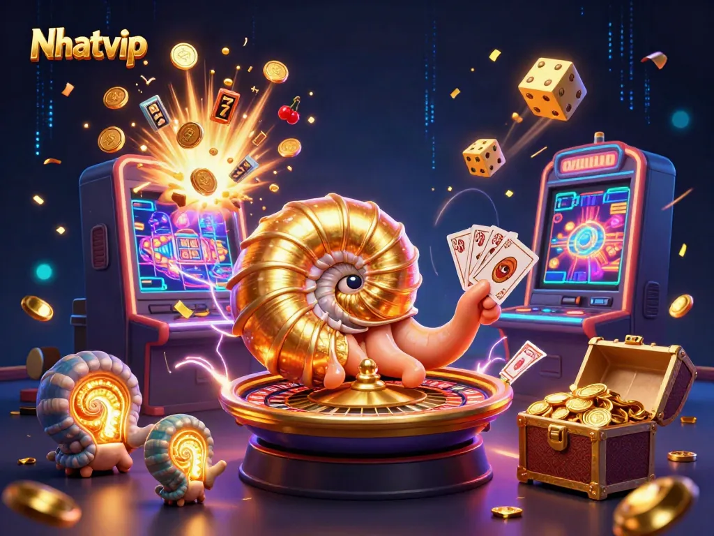 Nhatvip engages players with captivating casino games featuring a giant nautilus roulette wheel.