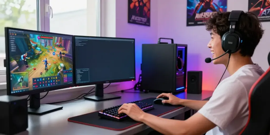 Exciting rokok88 login gaming setup with vibrant monitors and gaming partner.