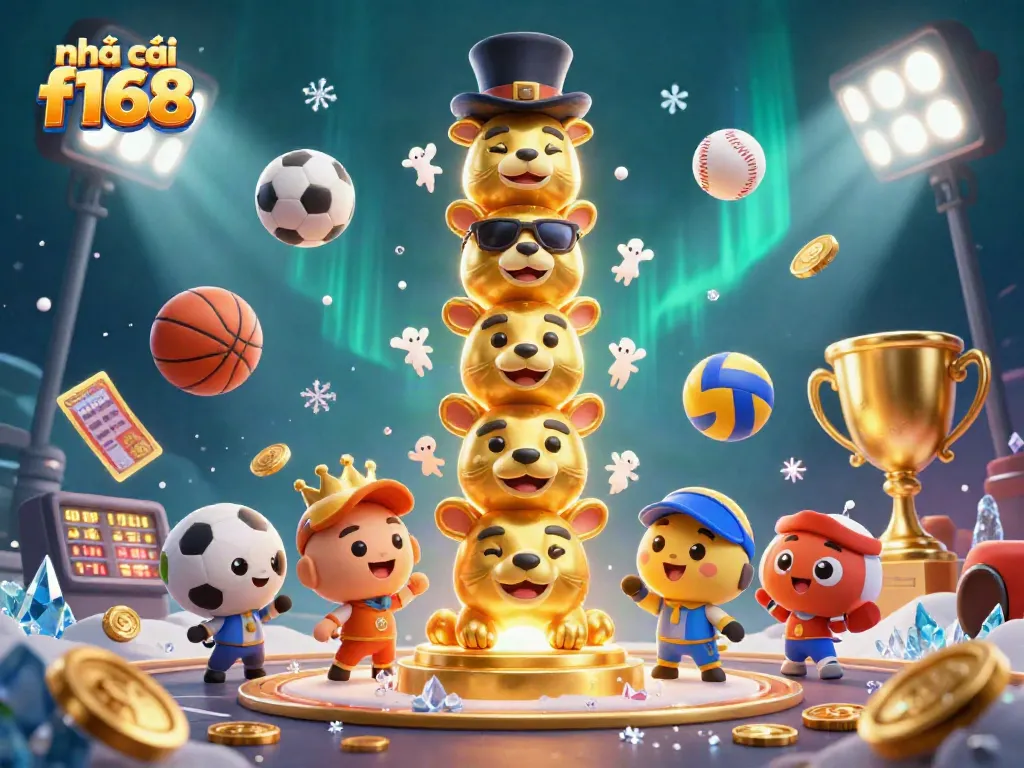 Engage with nhà cái f168 through vibrant casino-themed 3D illustration filled with sports elements.