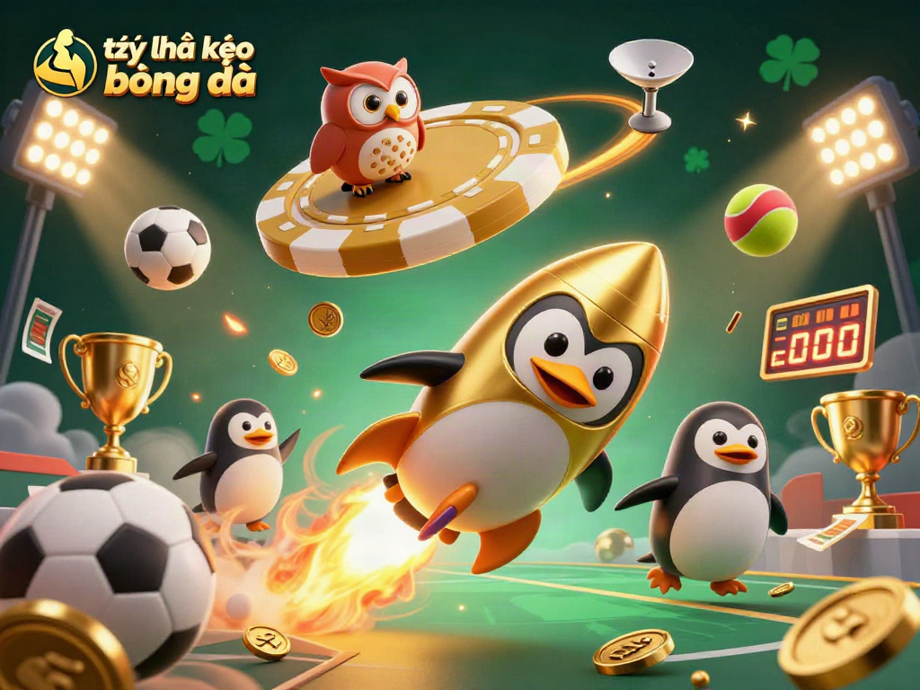 Experience the excitement of tỷ lệ kèo bóng đá with a golden penguin racing towards a poker chip casino.