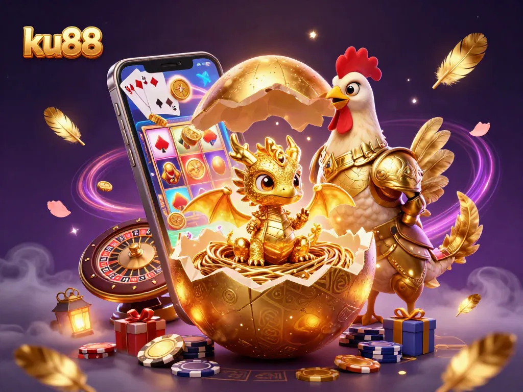ku88’s vibrant 3D illustration reveals a golden dragon in a casino setting, showcasing slot games and poker chips.
