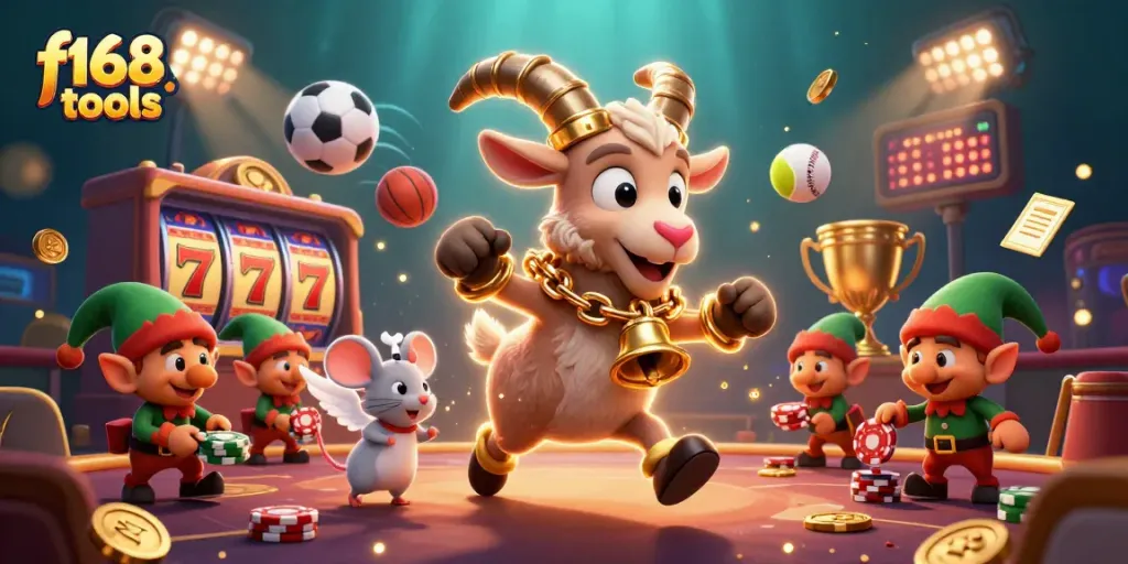 Engage with vibrant f168 tools at a thrilling casino scene featuring Krampus and playfully chaotic characters.