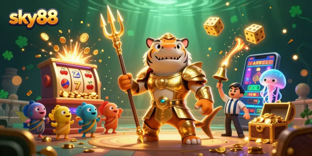 Experience the thrilling action of sky88 with a 3D tiger shark gladiator in a vibrant casino setting.