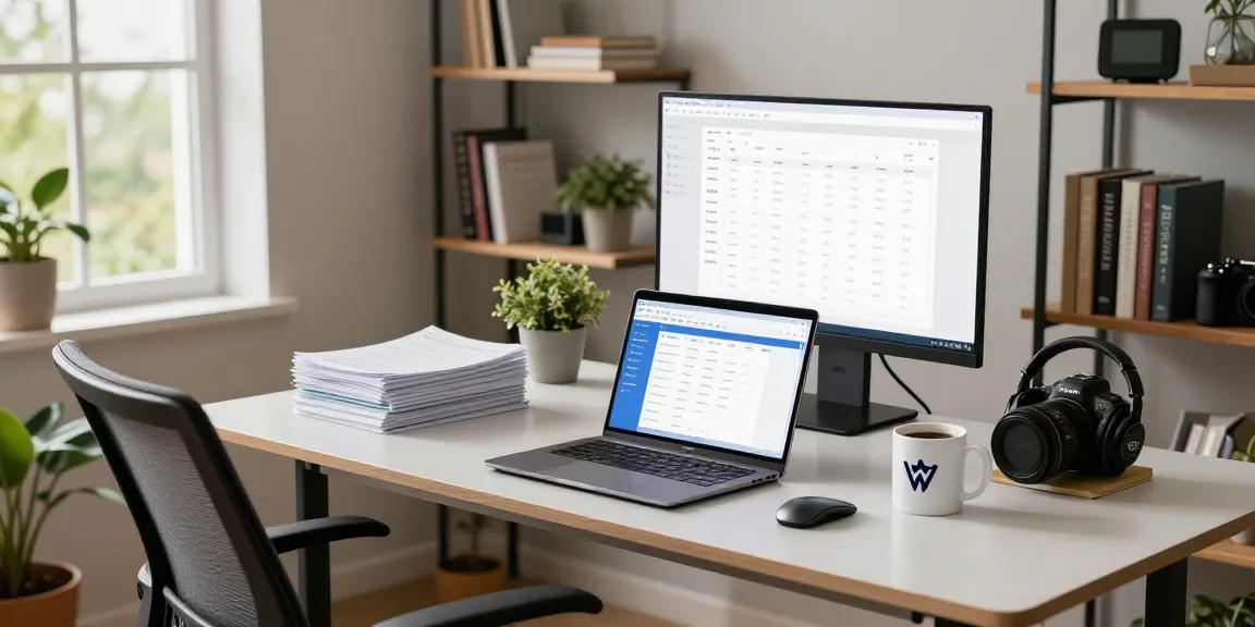 Download WPS Office in a modern home office showcasing productivity tools and workspace aesthetics.