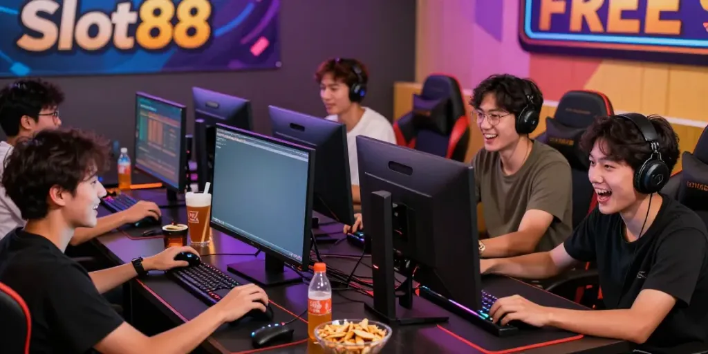 Exciting group gaming scene featuring Slot88 gameplay with friends.