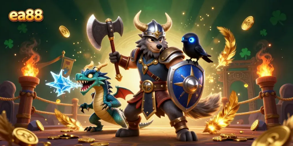Win big with ea88 as a Viking warrior, dragon, and raven battle in a dynamic casino scene.