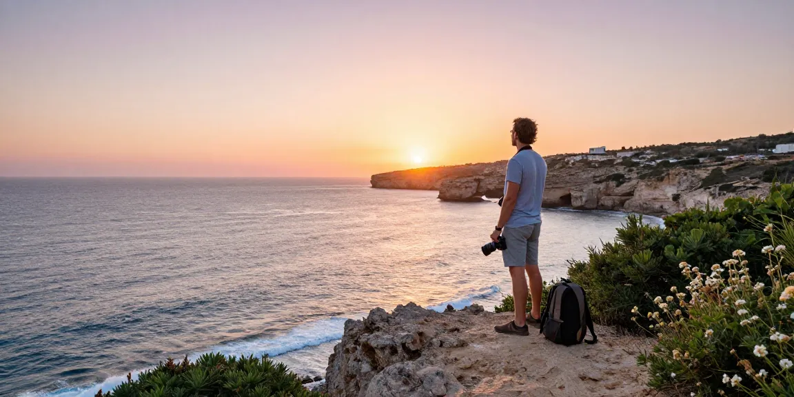 Traveler admiring sunset at Gozo Island, showcasing gozo tours.