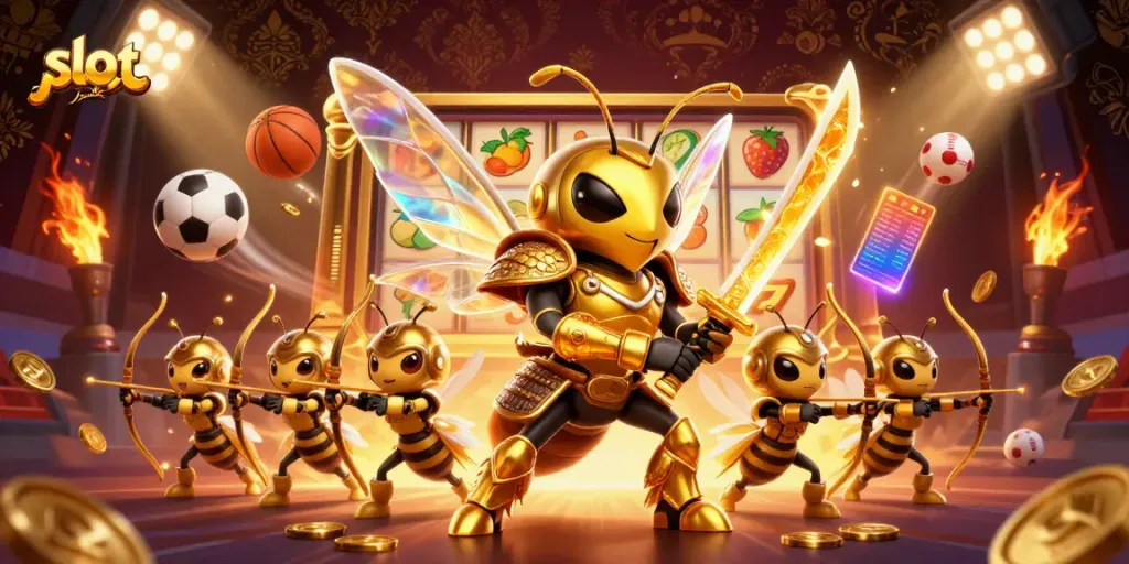 Experience thrilling slot jackpot moments with a dynamic scene featuring golden samurai hornet characters surrounded by rich casino elements.