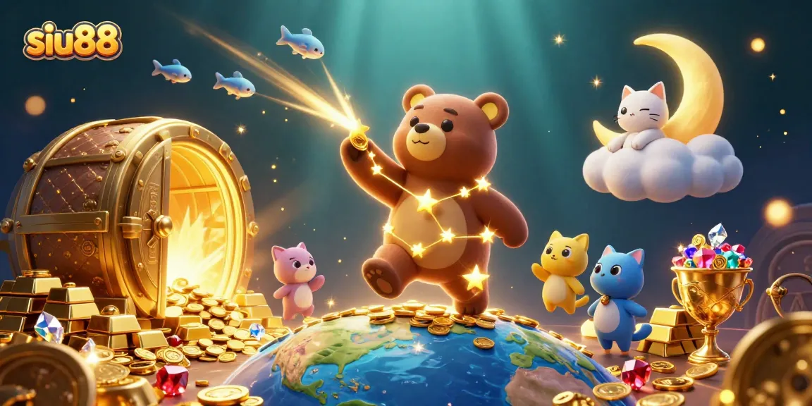 Scoop up coins with siu88 in a magical 3D casino adventure featuring treasure elements and vibrant characters.